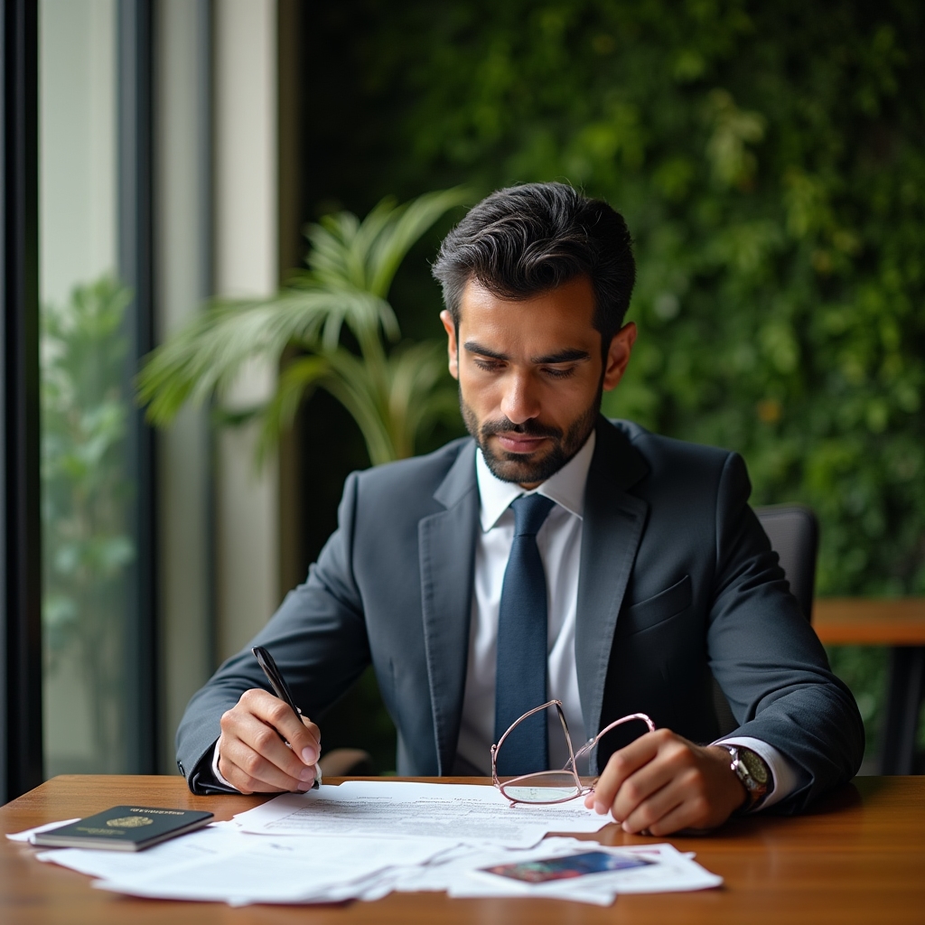 Person reviewing banking documentation at a desk with natural light