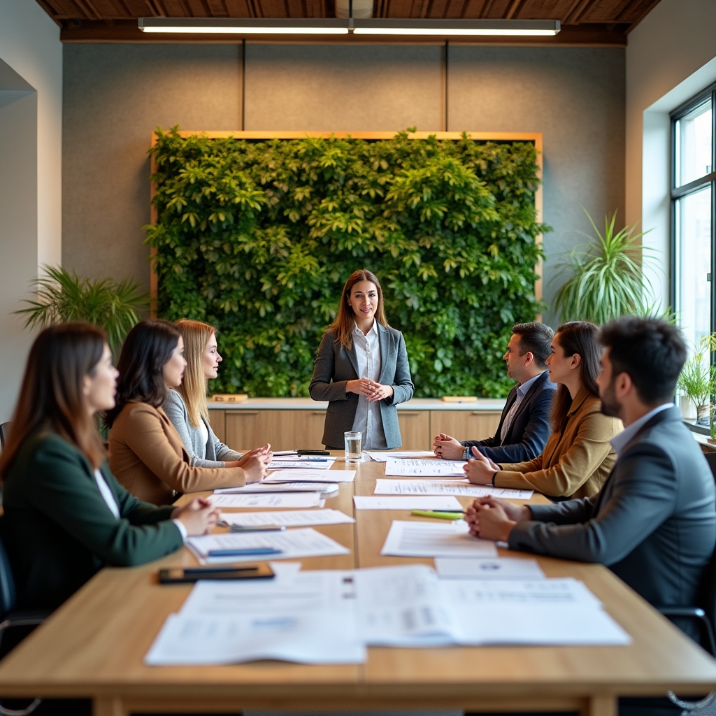 Diverse group of community organization members meeting in a bright room with plants and natural light