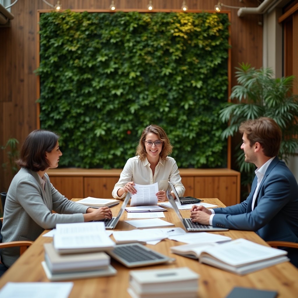 Team members reviewing financial education content at a large table with natural light and plants