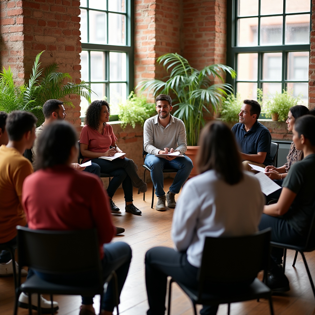 Community cooperative workshop session with diverse participants seated in a circle discussing financial topics