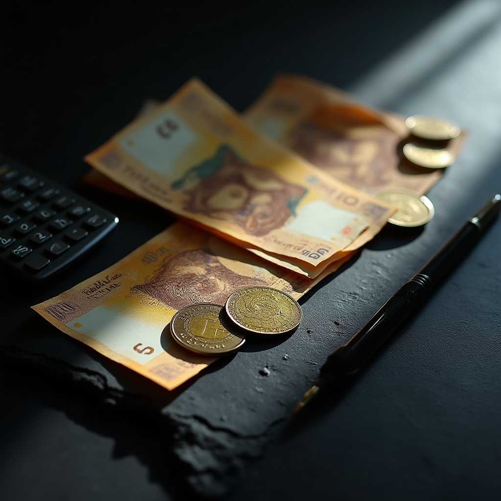 Currency exchange window in Buenos Aires with peso and dollar signs