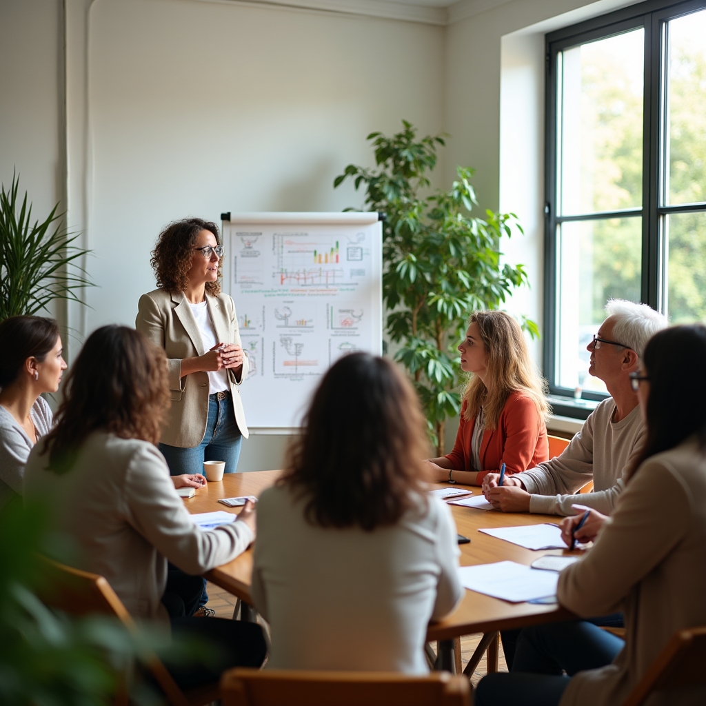 Small group workshop on financial literacy in a bright modern space