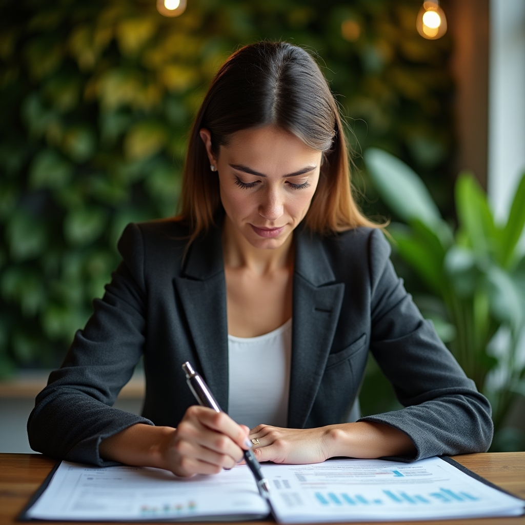 Person reviewing financial documents in a modern office setting