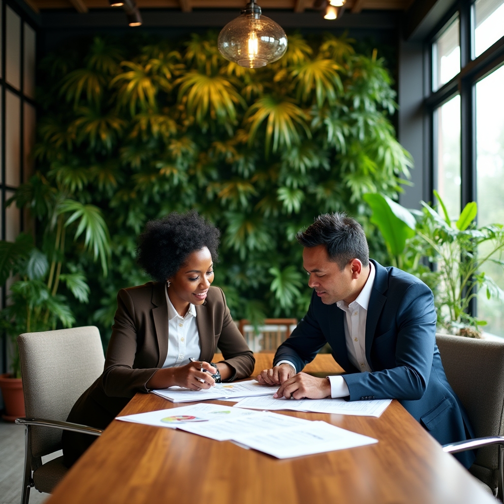 Raiz Madi team collaborating in a sustainable office space with living wall